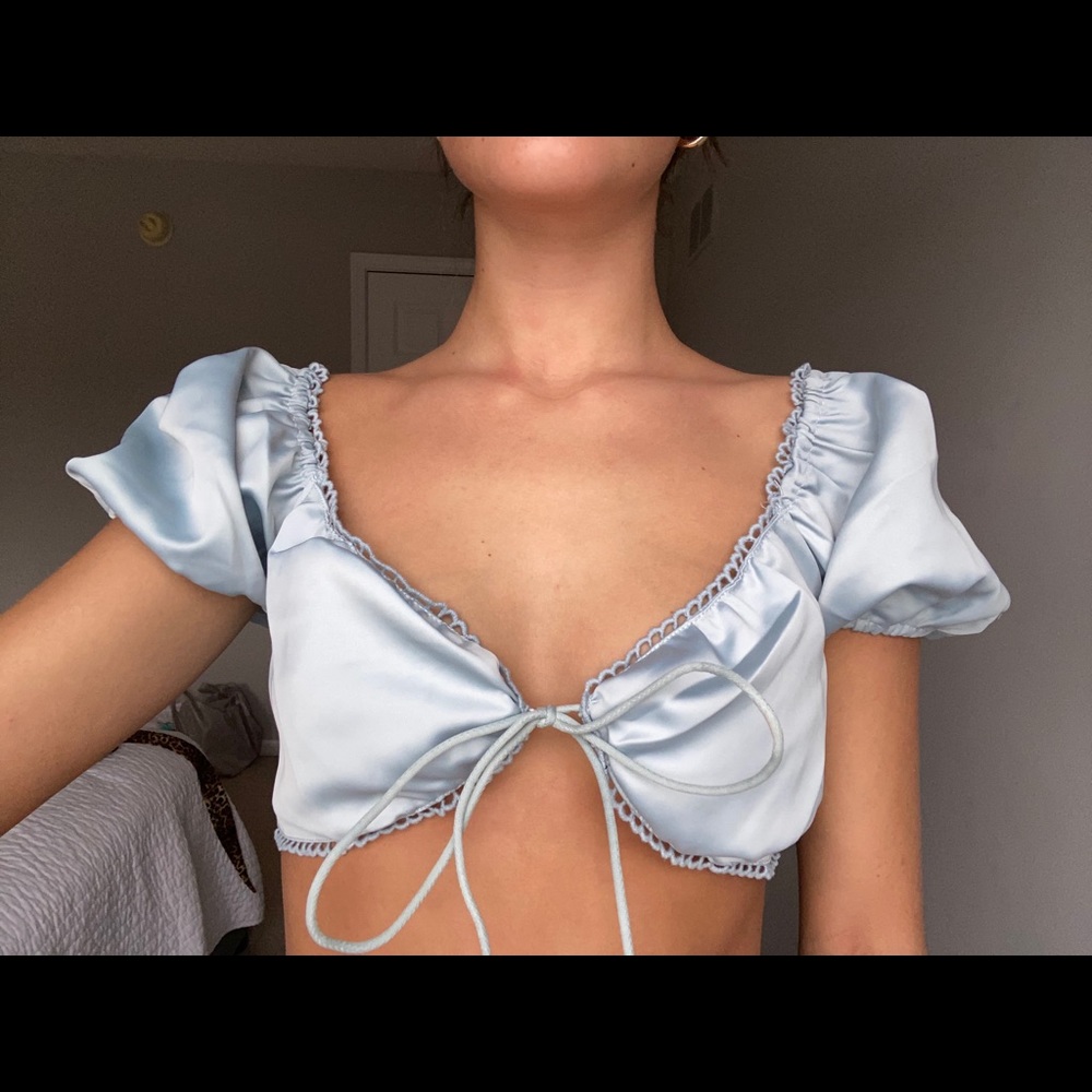 Blue silk tie front top